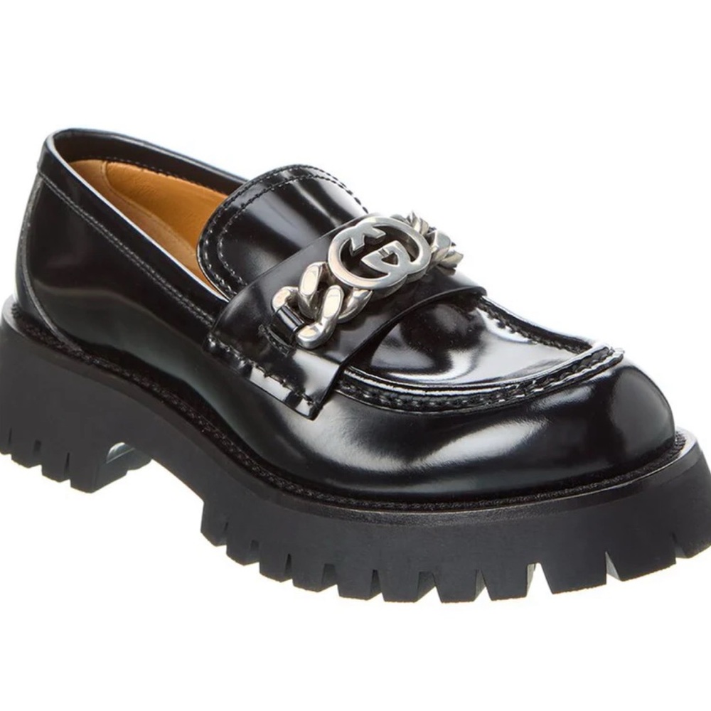 100% Authentic NEW Gucci Black Loafers with Silver GG Chain Detail